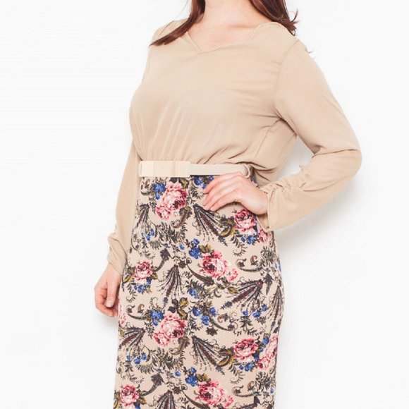 Blue Bell Ladies Sheath Dress V-Neck Long-Sleeve Beige Floral Size 3XL NWOT - Picture 5 of 5